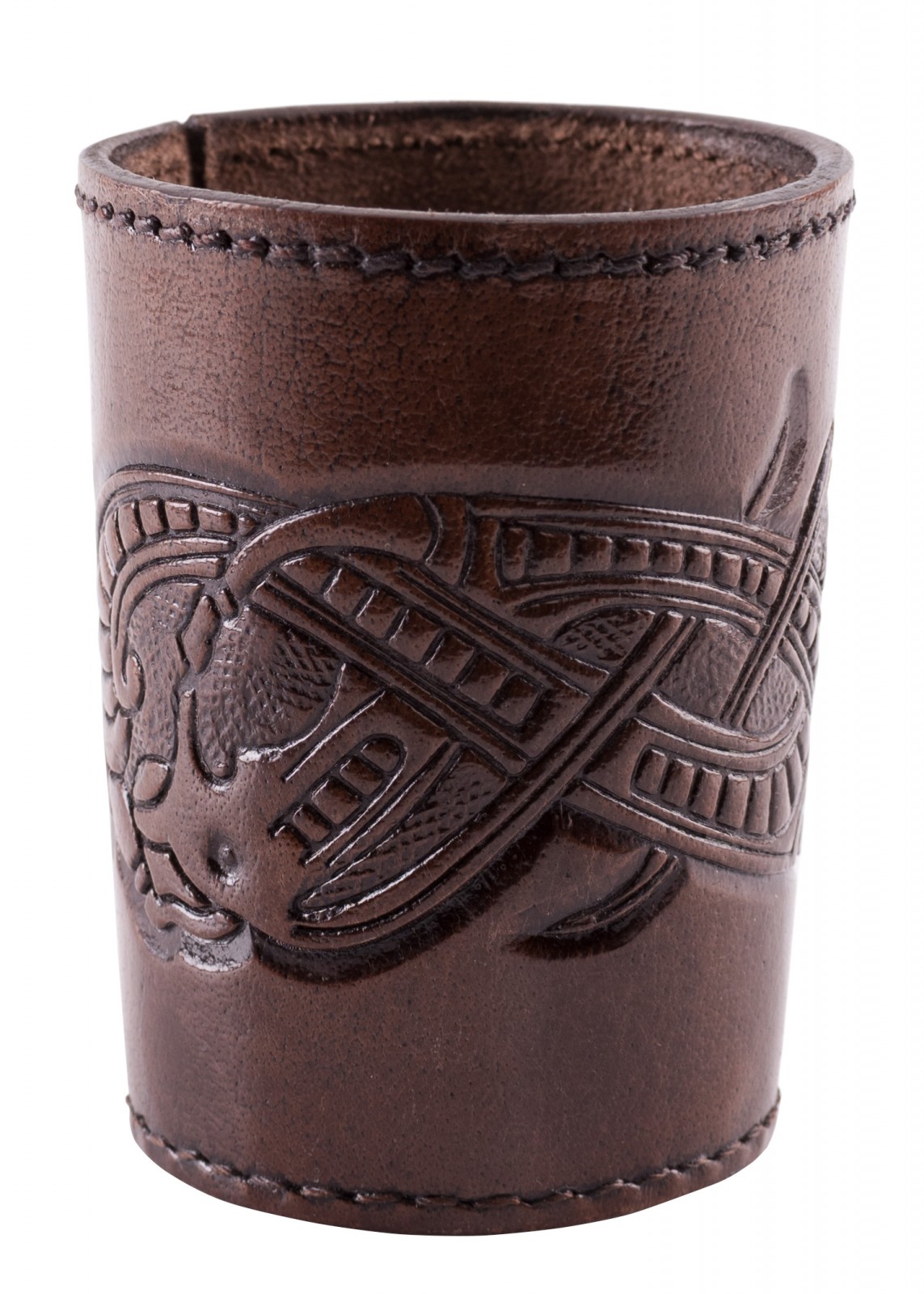 Würfelbecher aus Leder mit geprägtem Drachenmotiv, Jelling-Stil, dunkelbraun